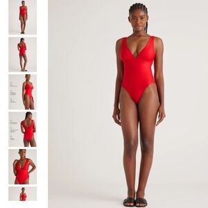NEW Quince Italian Plunge One-Piece Swimsuit Bathing Suit Cherry Red Flattering